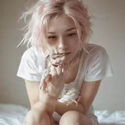the woman has pale hair sitting on the bed