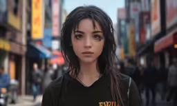 a woman in a black shirt standing in the middle of an asian street