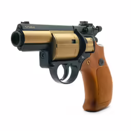 a handgun with a wooden barrel and a pistol