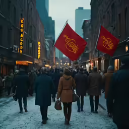 people walking down a street holding two red flags
