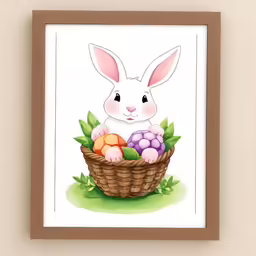 an easter bunny is sitting in a basket of eggs