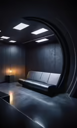 the dark room has a couch, lamp and some kind of curved window