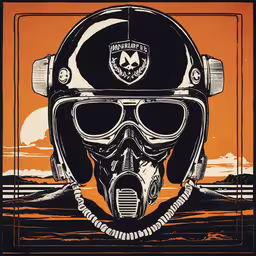 a poster that has a skull on it with helmet and goggles,an art piece depicting a motorcycle helmet