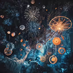 a woman is surrounded by lights, balloons and circular balls