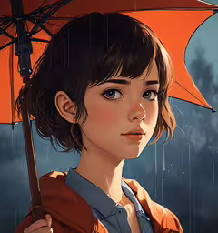 anime girl holding an orange umbrella in the rain,the girl is holding an orange umbrella with a sad expression on her face