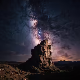 the milky night lights up the mountains surrounding the desert