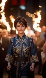 a woman standing on top of a sidewalk in front of fire