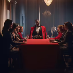 a man is sitting at a table and surrounded by other people