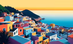 colorful buildings at sunset by the ocean