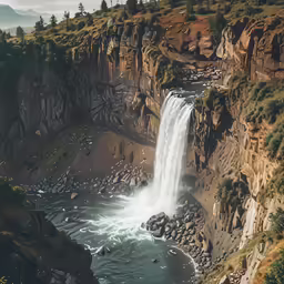 waterfall falls into the sea surrounded by large cliffs