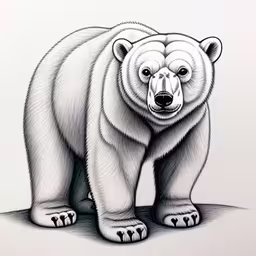 an image of a polar bear in black and white,a large white bear standing on top of a field