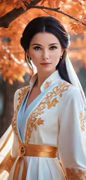 woman dressed in hanbok in white and gold color