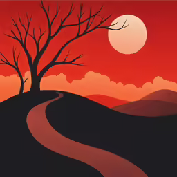 a painting of a road and tree on red skies