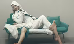 a woman sitting on top of a green couch