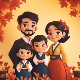 two adults and two children are posing in front of a yellow background