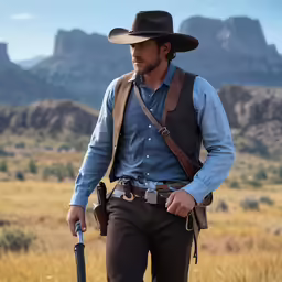 a man wearing a blue shirt and a brown vest with a gun