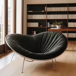 the chair is in front of a window with bookshelf behind it