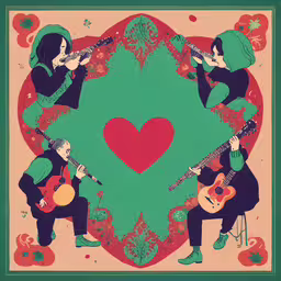 two musicians playing on guitars on an abstract heart shaped background,two people in green coats playing guitars