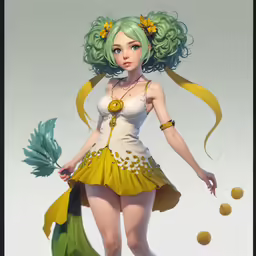 a woman dressed as a pixie doll is holding two balls