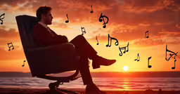 a man sits in an armchair with music notes coming out of it,man in red sitting at the beach with musical notes falling around