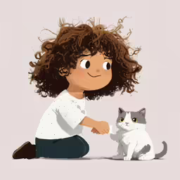 an illustration of a young girl playing with a cat
