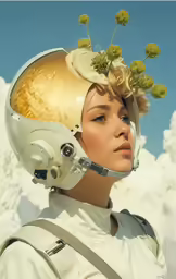 a woman with an industrial helmet holding flowers