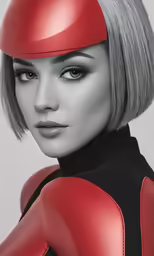 a woman is in a red and black outfit