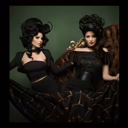 two woman in black dresses with curly hair are sitting on an ornate couch