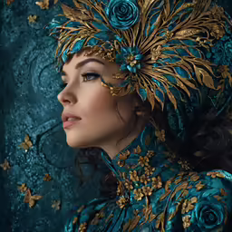 a woman is wearing a blue hat with gold floral decorations