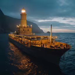 there is a lighthouse with lights on that is off the shore