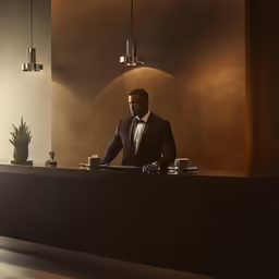 the man stands behind a counter and is waiting for a customer to come