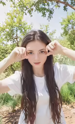 a girl holding her hair up with one hand