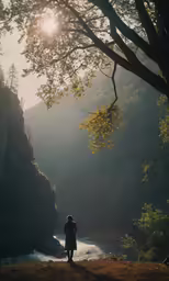 the woman stands alone near the water and a wooded area