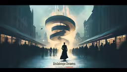 a silhouetted man walking through an alley way with spirally shaped structure in the background