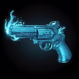 a blue glowing handgun in the air