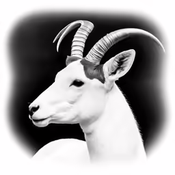 this goat is standing with large horns on its head
