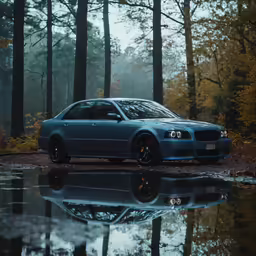 a car is parked on the side of a pond