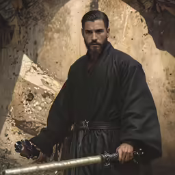 man in black clothing holding two knives walking toward stone wall