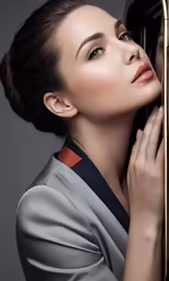 a woman holding her arm around a mirror