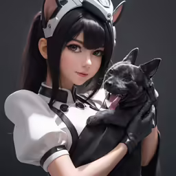 a very cute anime girl holding a dog