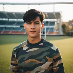 a young boy standing in front of an empty stadium