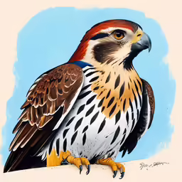 a drawing of a brown, white, and orange falcon