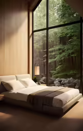 a bedroom with a large window and wooden floor
