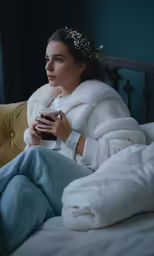 a woman in a furry coat sitting on her bed looking at something