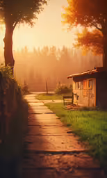 a grassy path that leads to a wooden shed,a country road that is near some trees and grass