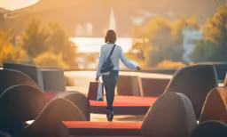 a woman walking in front of a sculpture with a suitcase