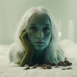 a woman with white hair laying on a bed with green paint on her face