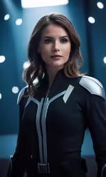 a woman dressed in black with silver on her shoulders