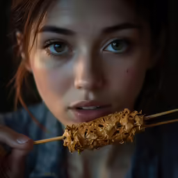 the young girl is holding a fork with noodles on it