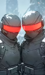 a couple of people with red glowing eyes and suits